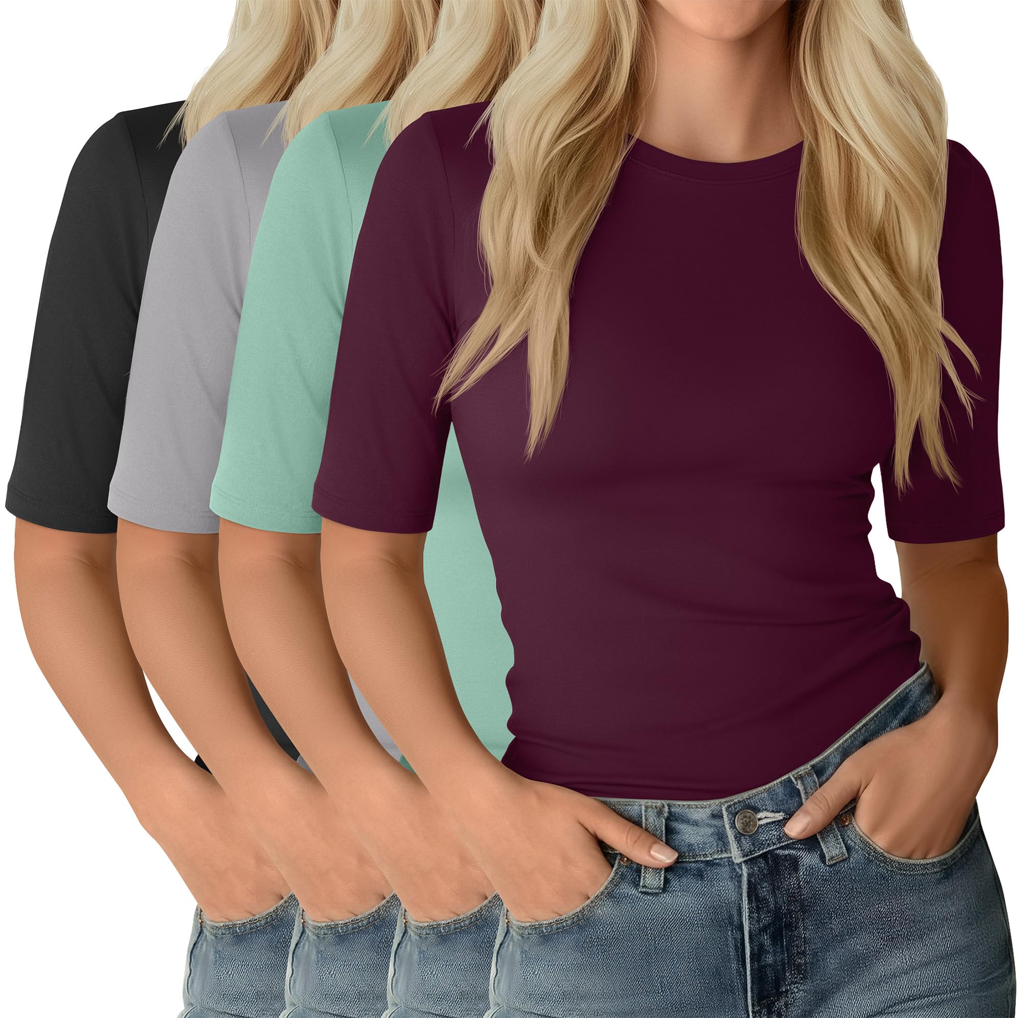 Neer 4 Pack Women's Half Sleeve Tops Elbow Length Slim Fit Crewneck T-Shirts 1/2 Sleeve Casual Summer Basic Tees