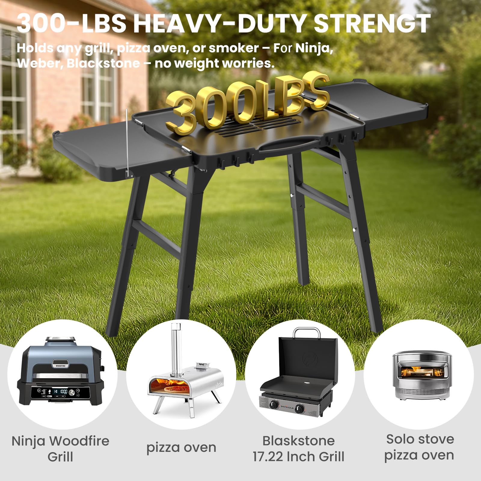 GRISUN Foldable Grill Table Stand for Ninja Woodfire Outdoor Grill（OG700/701/751), Portable Camping Table for Blackstone 22", Portable BBQ Stand with 2 Wheels, Side Table & Storage Basket