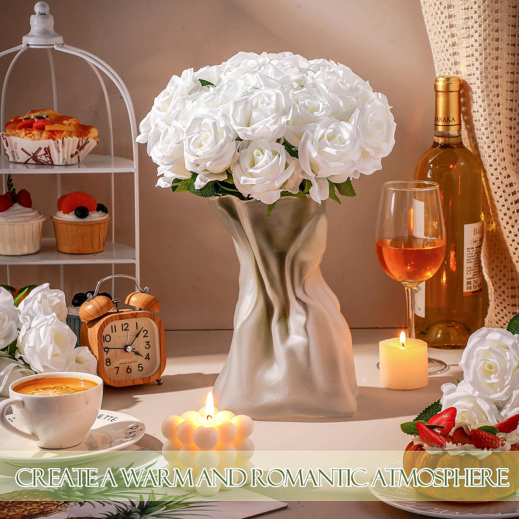 Jexine 100 Pieces Artificial Roses Flowers Bulk, Long Stem Realistic Fake Silk Roses Bouquet for Table Centerpiece Vases Wedding Party Kitchen Decor(Beige)