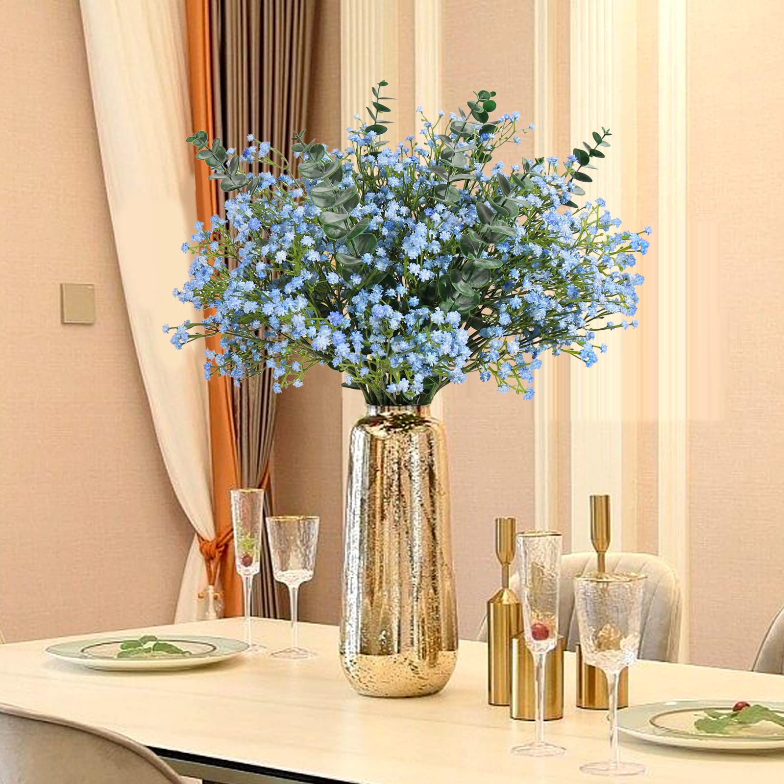 15 PCS Babys Breath Artificial Flowers Fake Babys Breath Flowers Artificial Bulk Blue Gypsophila Bouquets Real Touch Faux Flowers for Wedding Floral Arrangement Party Home Decoration
