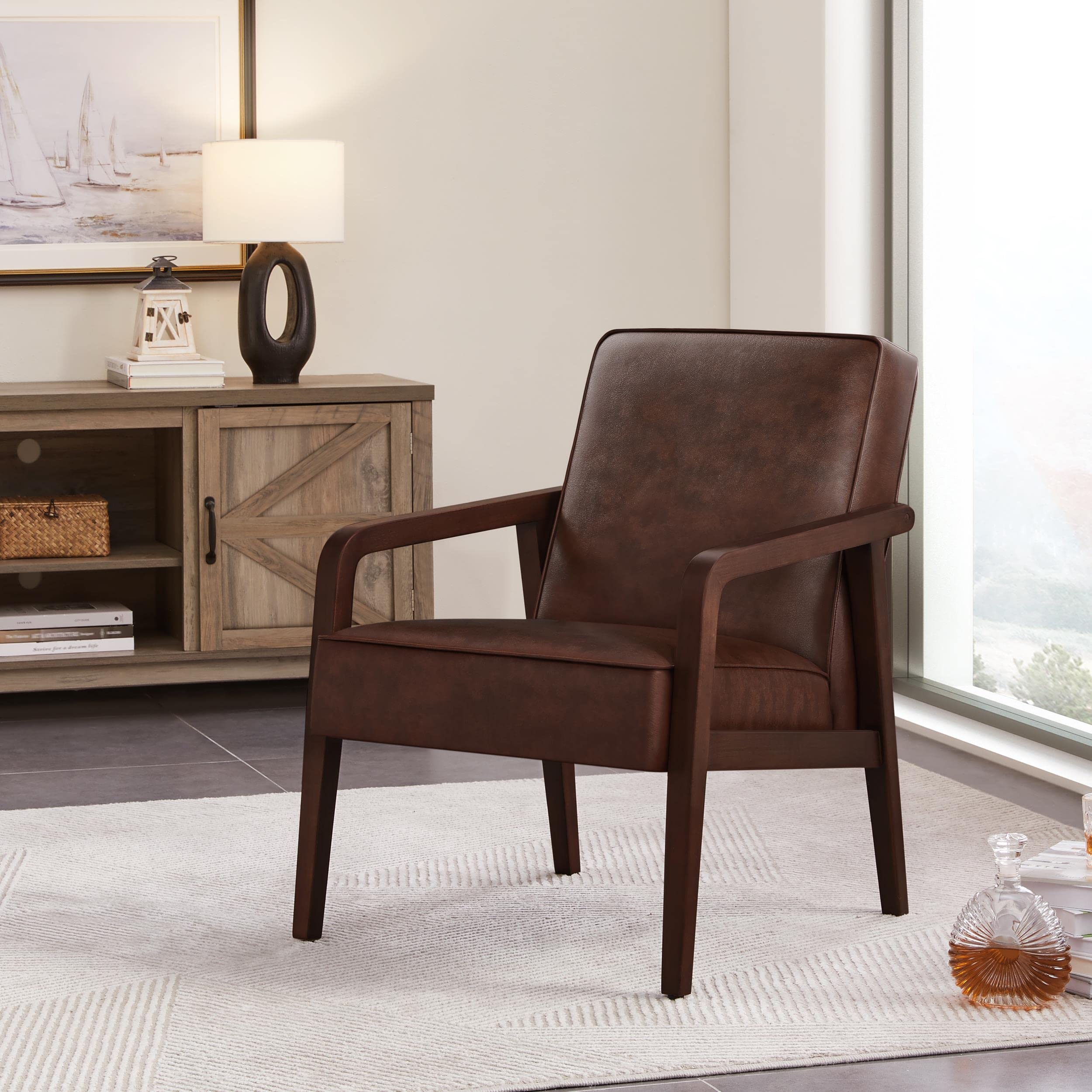 Yaheetech Accent Chair, PU Leather Reading Chair, Mid Century Modern Arm Chair with Solid Wood Frame for Living Room Bedroom Waiting Room, 2 Pieces, Black