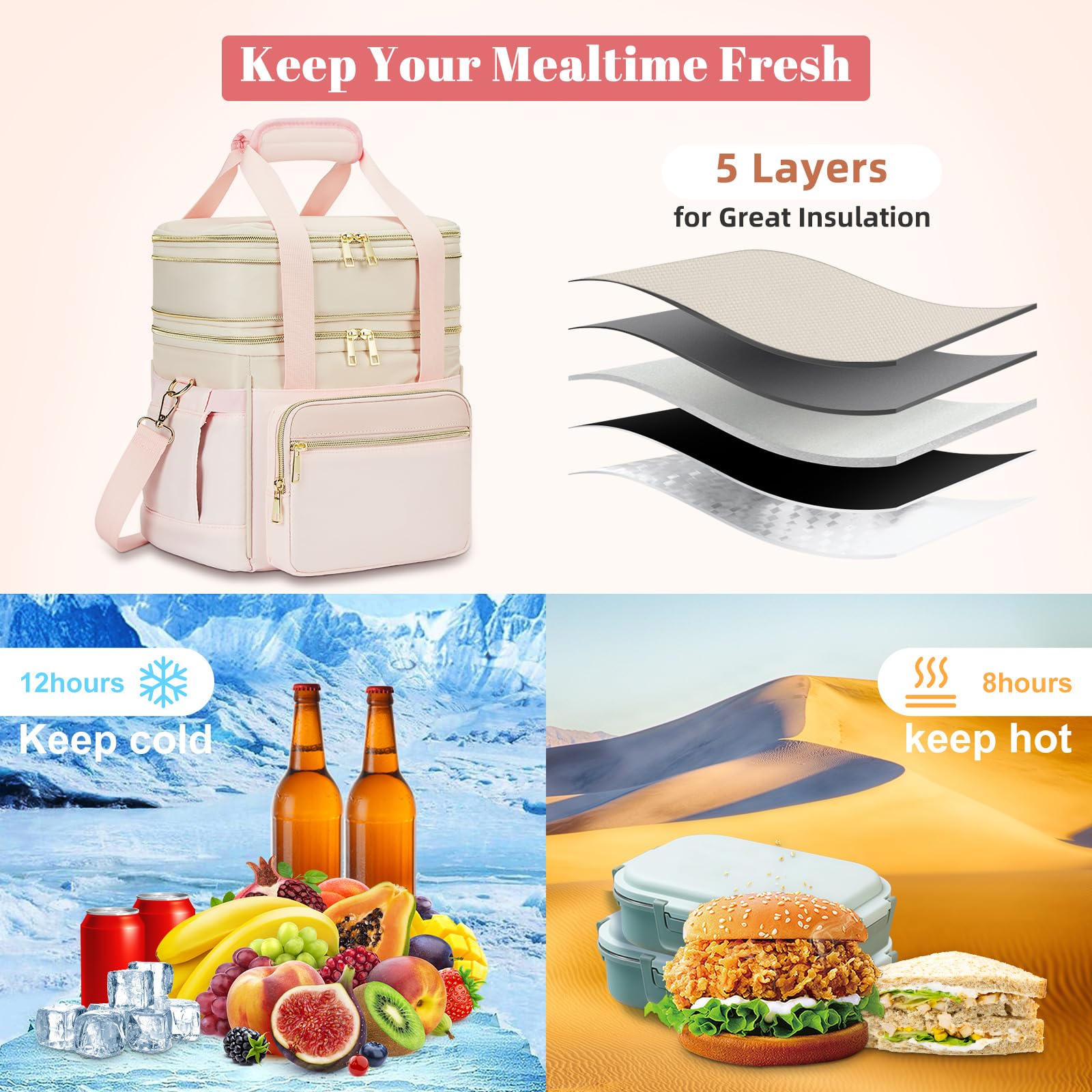 holuxer Insulated Lunch Bag & Lunch Box for Men - Double Deck Reusable Lunch Bag for Women Tote Cooler Bag Leakproof Soft Expandable - Large Lunchbox for Work/Adult/Picnic/Outdoor (Black，15L)