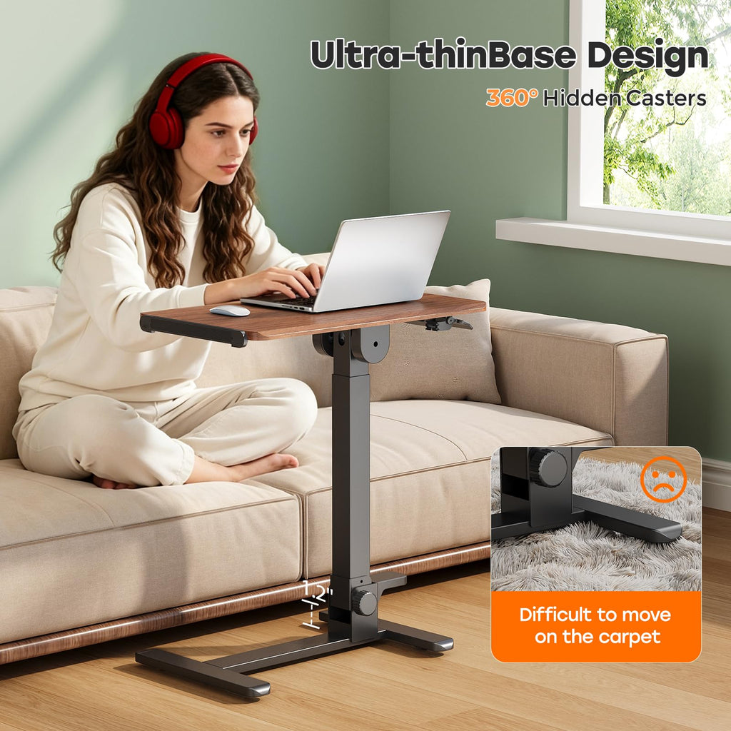 Foldable Mobile Standing Desk, 27 Inch Small Rolling Laptop Cart Height Adjustment, 90° Tiltable Sofaside Table, No Assembly Needed Portable Computer Workstation, Black