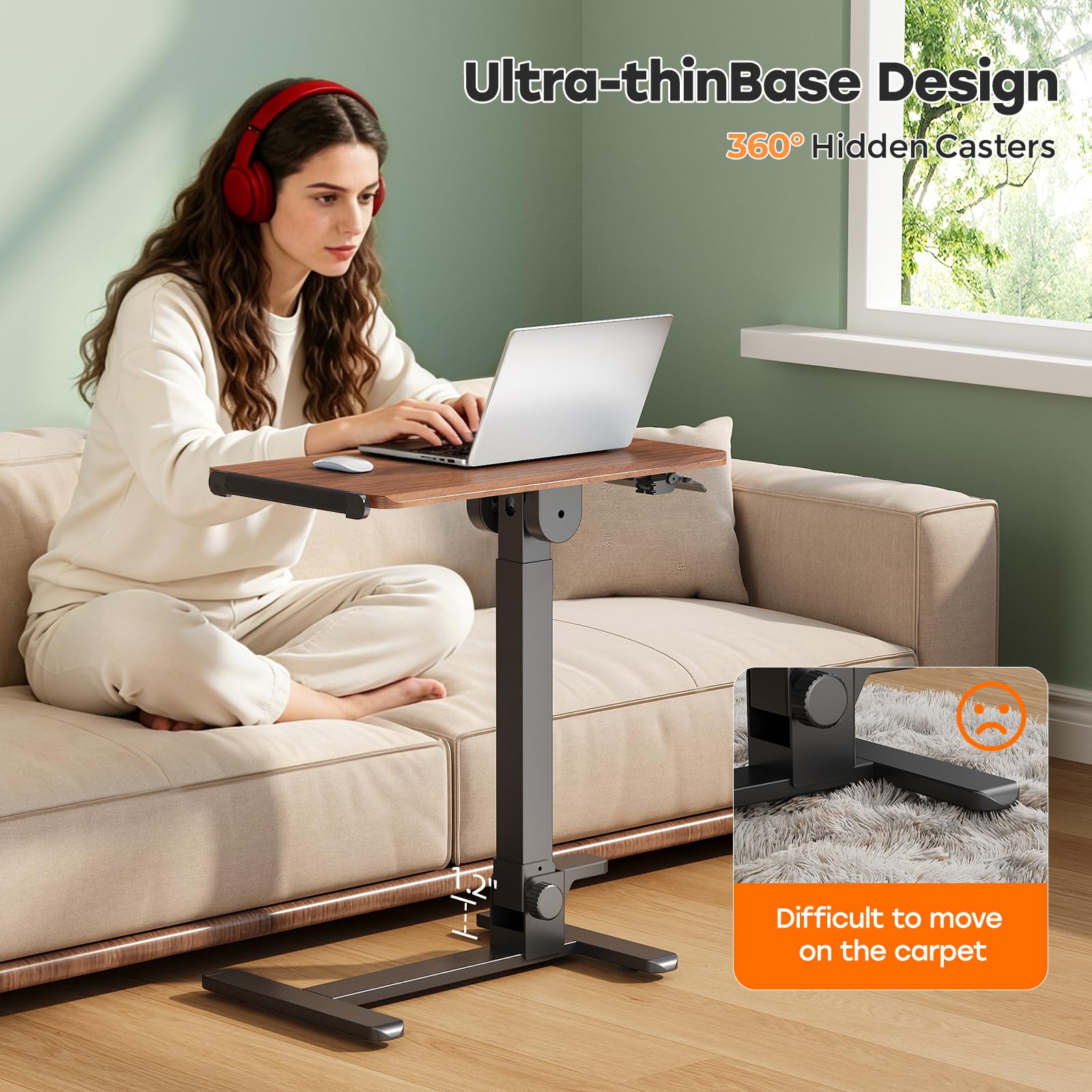 Foldable Mobile Standing Desk, 27 Inch Small Rolling Laptop Cart Height Adjustment, 90° Tiltable Sofaside Table, No Assembly Needed Portable Computer Workstation, Black