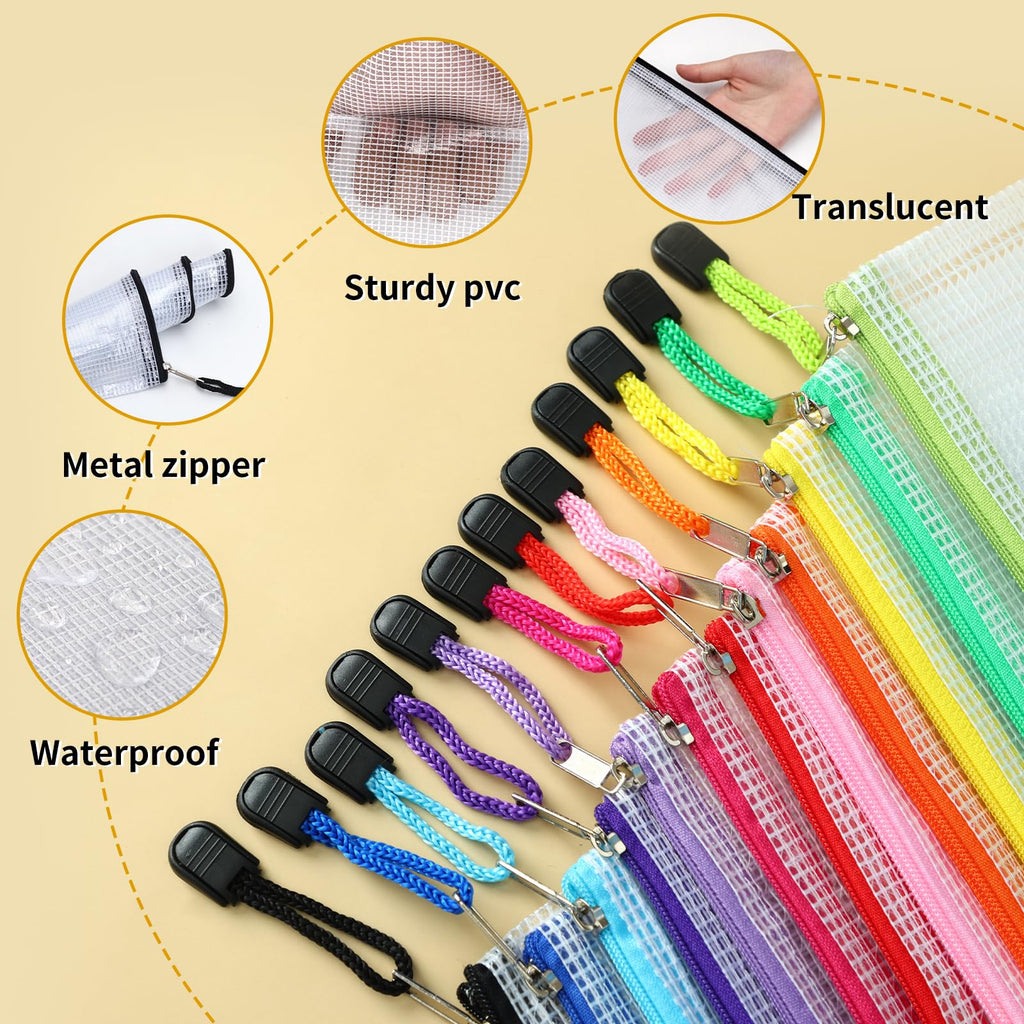 EOOUT 24pcs Mesh Zipper Pouch Bags A3 Extra Large Document Bag with Label Pocket, 16.9x12 Inches, Plastic Zip File Folders, Puzzles, Board Game Storage for Organizing Office Home