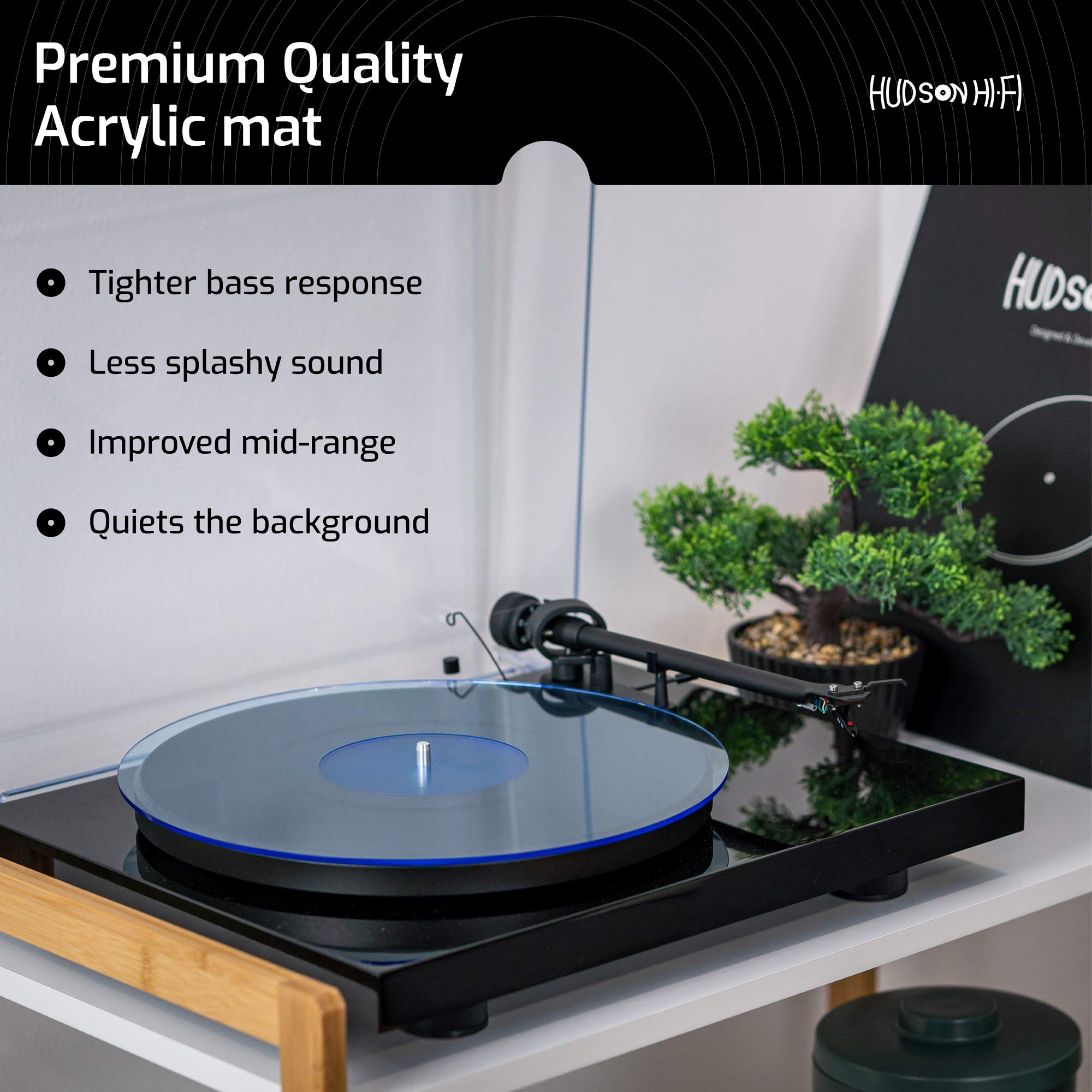 Hudson Hi-Fi Acrylic Turntable Mat – 11.75” Anti-Static Turntable Slipmat with Label Recess – 1/8” Thick Acrylic Platter Mat for Vinyl LP Record Players – Black