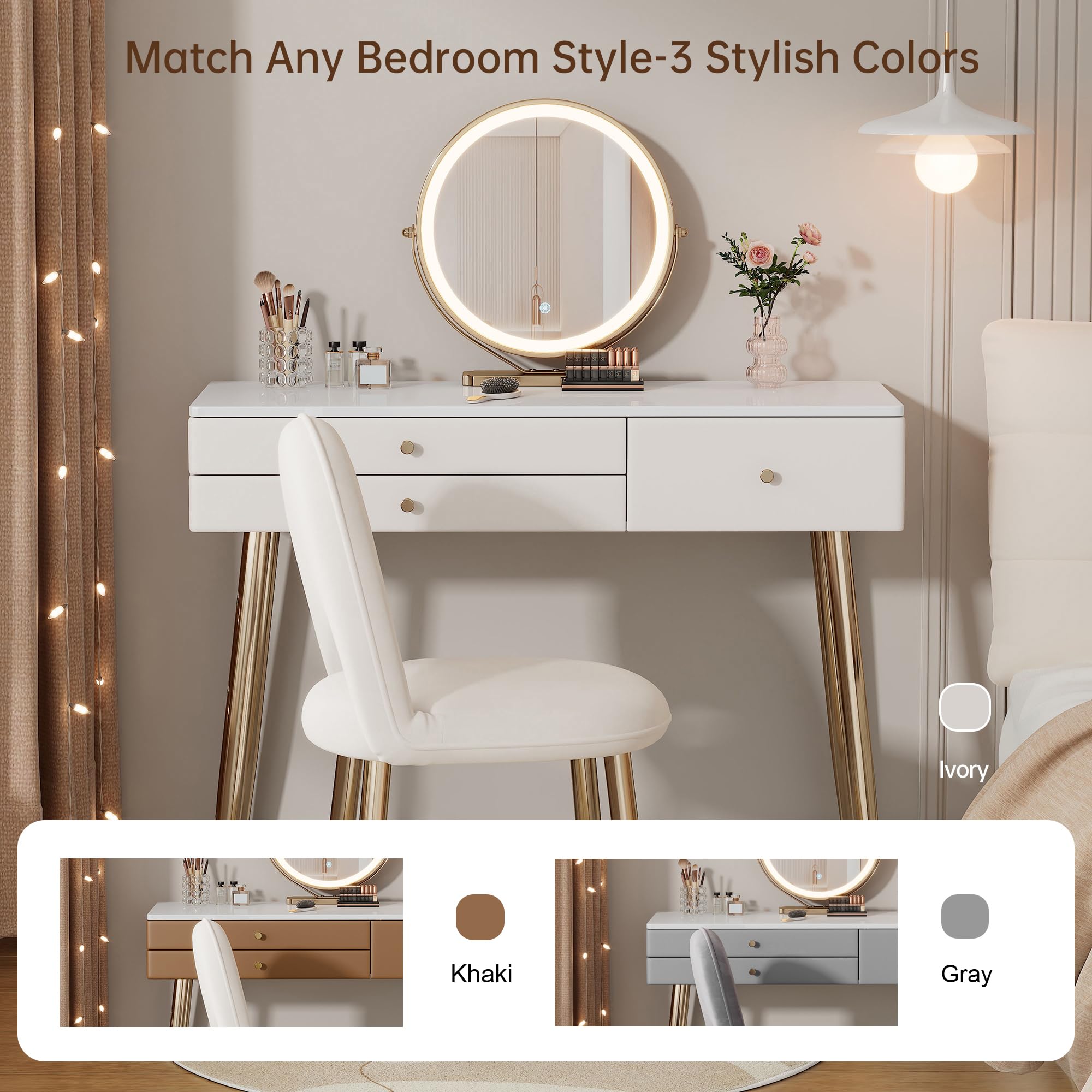 KDCAS Vanity Desk with Mirror and Lights| 39" Beige Modern Makeup Vanity Set with Drawers & Adjustable Chair| White and Gold Dressing Table for Small Spaces & Bedroom