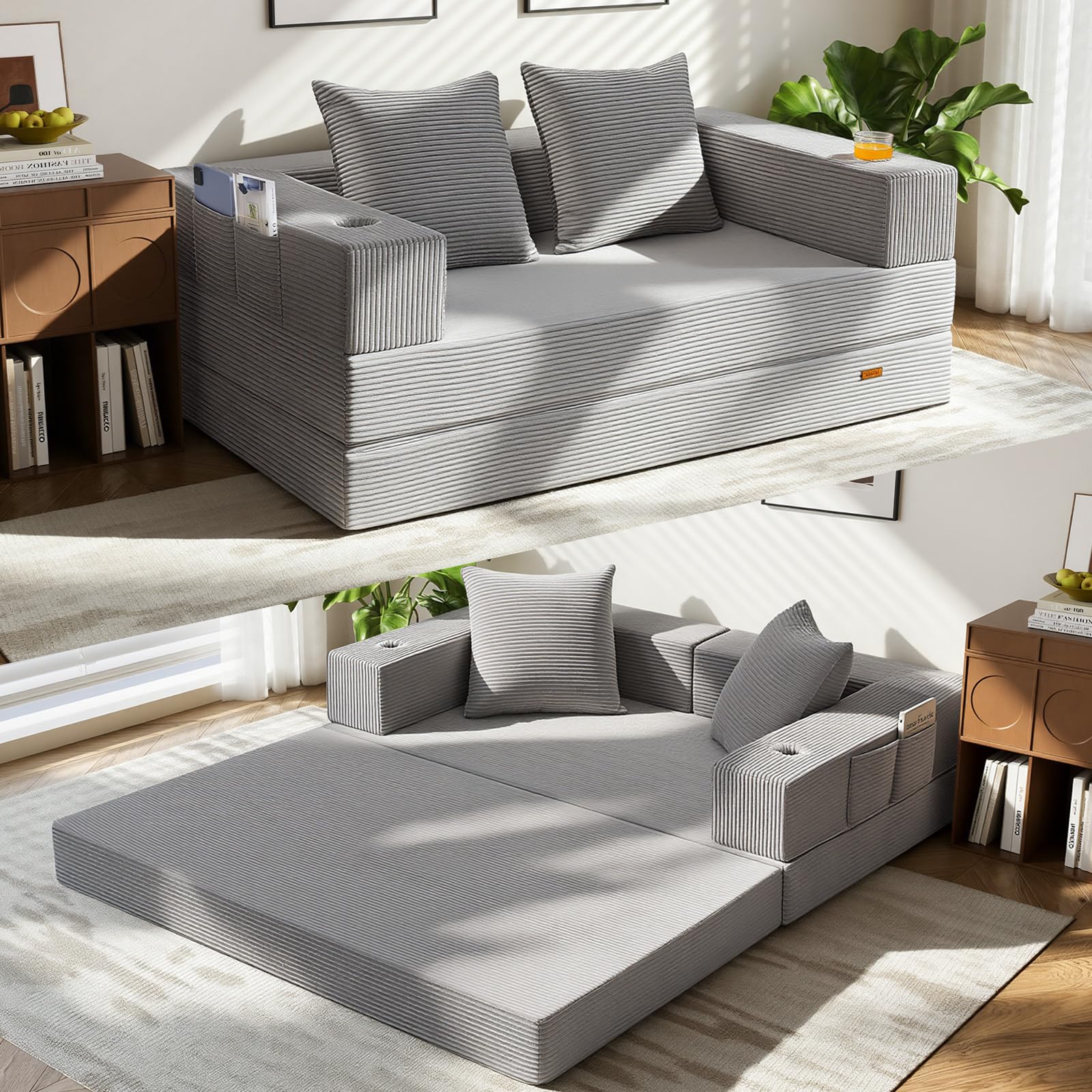 COMAX Futon Sofa Bed, 4‑in‑1 Convertible Sofa Bed, Folding Boneless Couches | Boneless Couch for living room, Fold Out Small Foldable Loveseat Floor Sleeper Mattress Lounge Space‑Saving, Ash Gray
