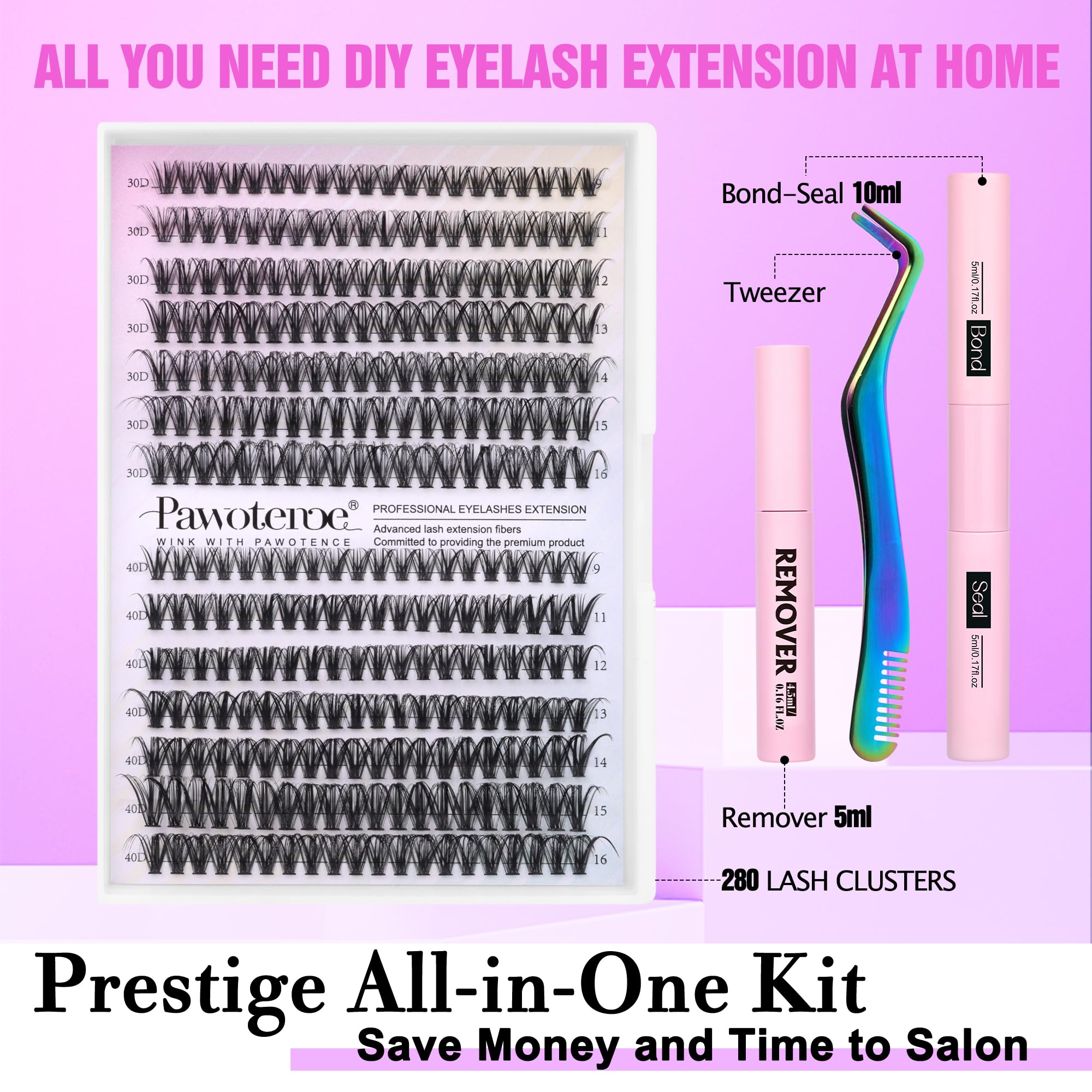 Pawotence Lash Extension Kit DIY 280pcs Individual Lash Clusters Kit 20D&30D Natural 9-15mm Cluster Eyelash Extensions Kit with Lash Bond and Seal, Tweezers for Self Use (20D&30D, 0.07D, 9-15mm, Kit)