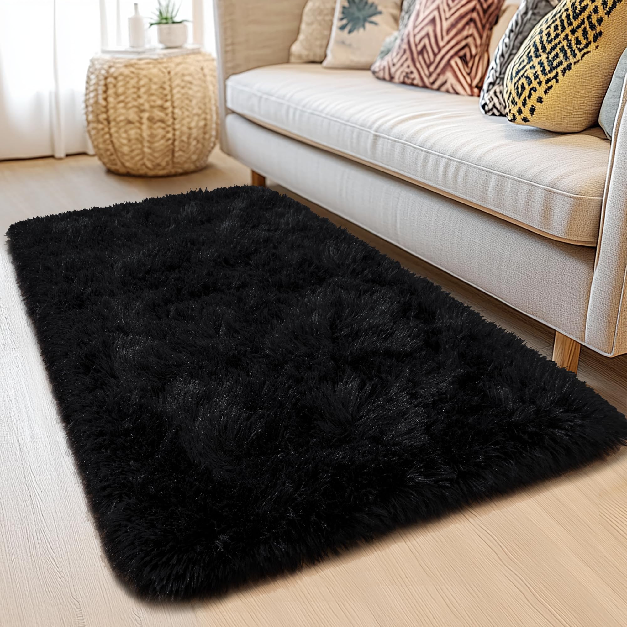 Awaytail Fluffy Rug Washable 2x3 Feet, Pure Black Desk Chair Rug Non-Slip, Super Soft Kids Rug for Boys Nursery Dorm Decor