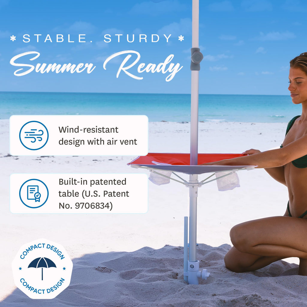 AMMSUN 7ft Heavy Duty High Wind Beach Umbrella with sand anchor, Built-in Table Tray Vent Tilt Pole, UPF 50+ Windproof Portable Outdoor Umbrellas Carry Bag for Patio Garden Pool Backyard stripe