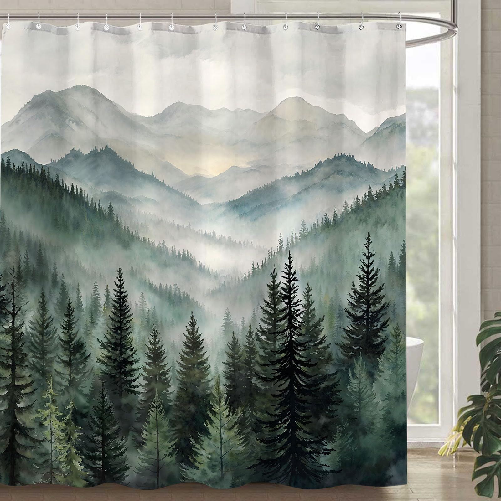 Stall Small Black and White Misty Forest Shower Curtain Ombre Gray Grey Mountain Pine Tree Waterproof Fabric Shower Curtains for Bathroom Nature Woodland Decorative Bath Curtain Decor 36×72 Inches