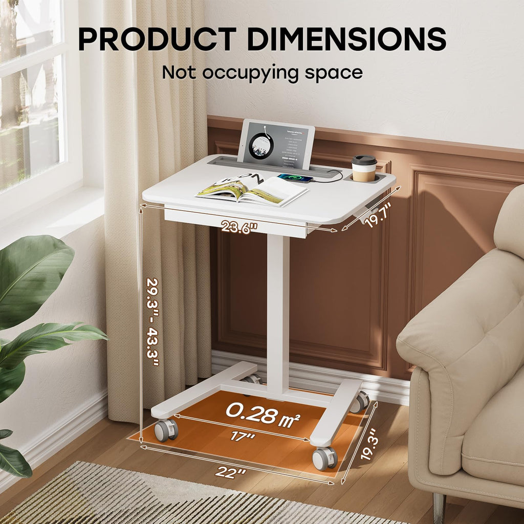 Small Mobile Standing Desk with Drawer, 23.6"x19.7" Rolling Laptop Cart on Wheels, Height Adjustable Sit Stand Computer Workstation with Storage for Compact Space, Black