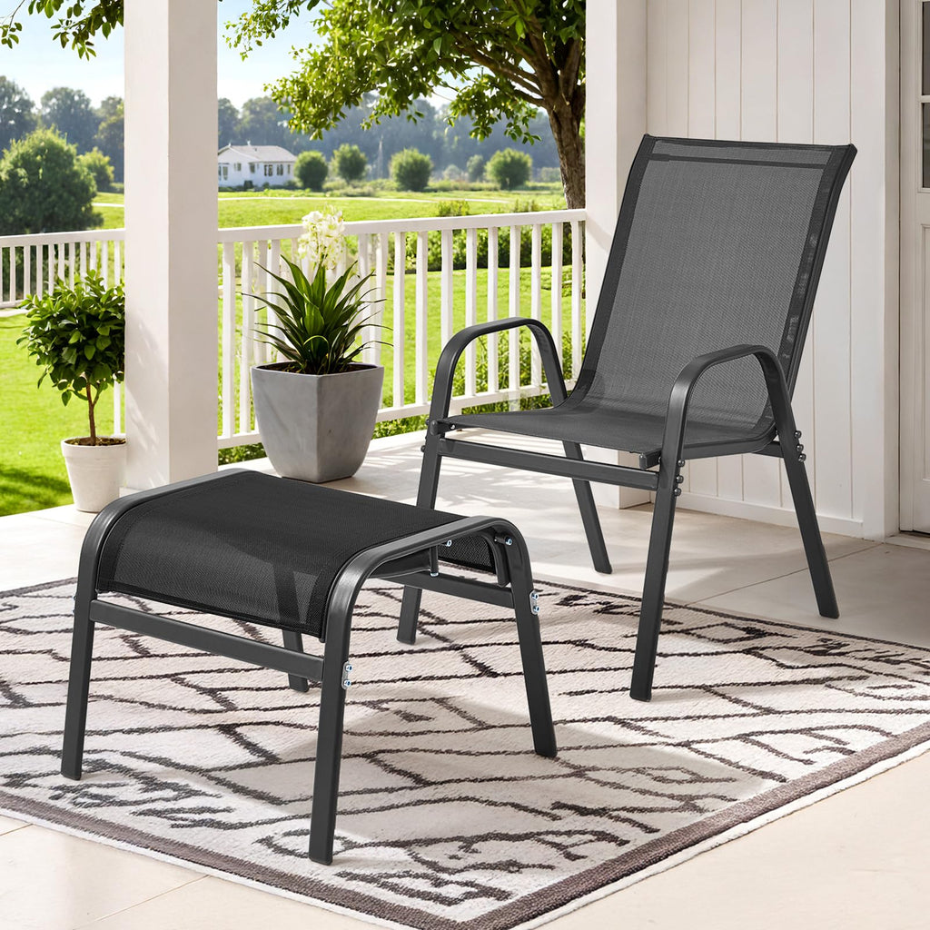 ONBRILL Outdoor Ottoman Set of 2, All Weather Outdoor Foot Stool with Supportive Textliene and Metal Frame, Stackable Oversized Outdoor Foot Rest for Furniture Patio Garden Pool, Beige