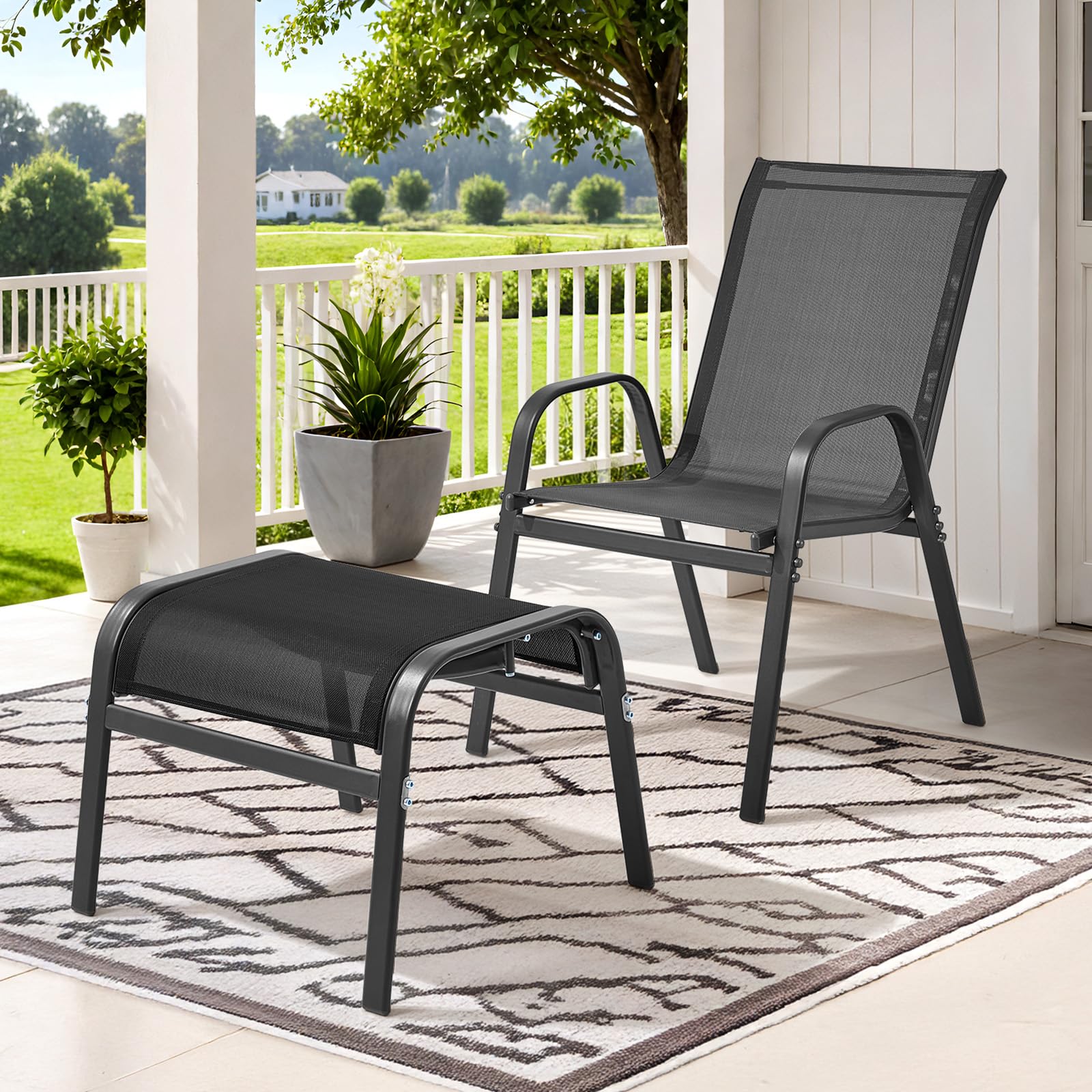 ONBRILL Outdoor Ottoman Set of 2, All Weather Outdoor Foot Stool with Supportive Textliene and Metal Frame, Stackable Oversized Outdoor Foot Rest for Furniture Patio Garden Pool, Beige