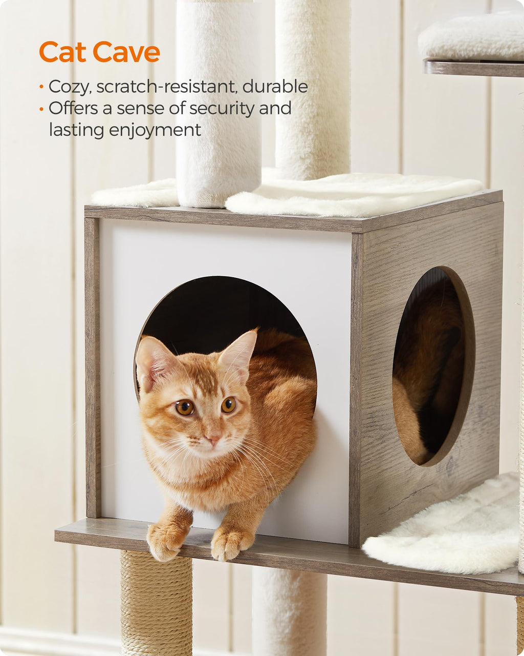 Feandrea Cat Tree, 65-Inch Modern Cat Tower for Indoor Cats, Multi-Level Cat Condo with 5 Scratching Posts, Perch, Washable Removable Cushions, Cat Furniture, Cloud White UPCT166W01