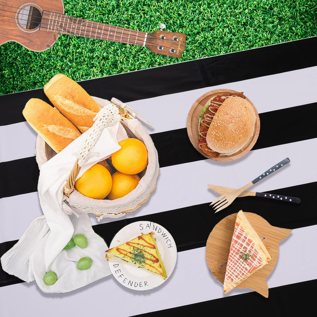 Kesfey 3 Packs Black and White Horizontal Striped Table Cloth 54 x 108 Inch Classic Black Stripe Tablecloths Disposable Plastic Stripe Table Covers Waterproof Picnic Tablecover for Halloween Party