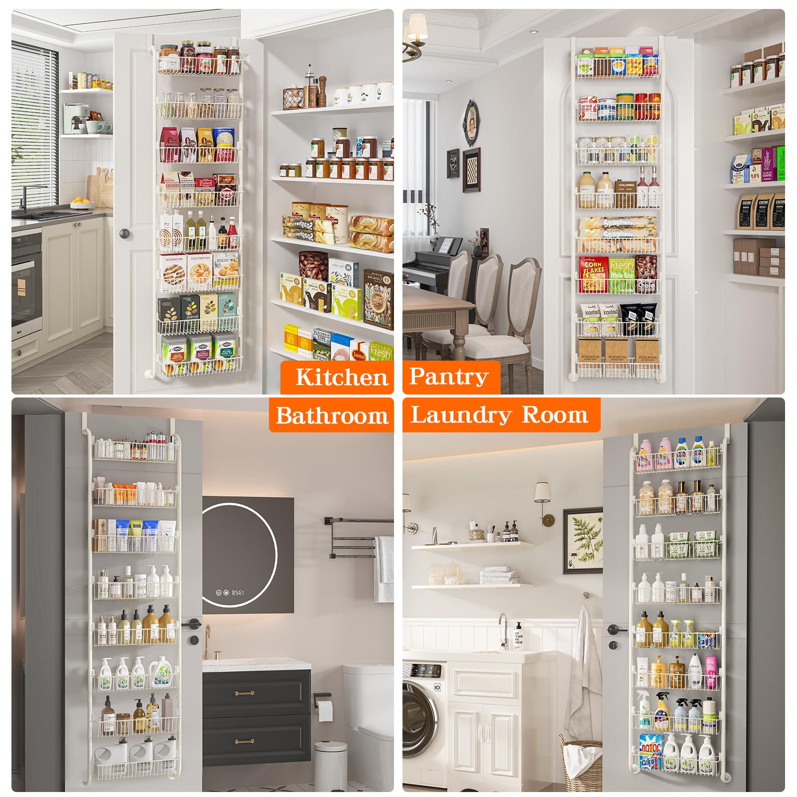 MIAOLI Over the Door Pantry Organizers and Storage, 8-Tier Spice Rack, Home & Kitchen Storage Shelves for Cabinet, Large Capacity Hanging Seasoning Organizer, Laundry Room Organization, White