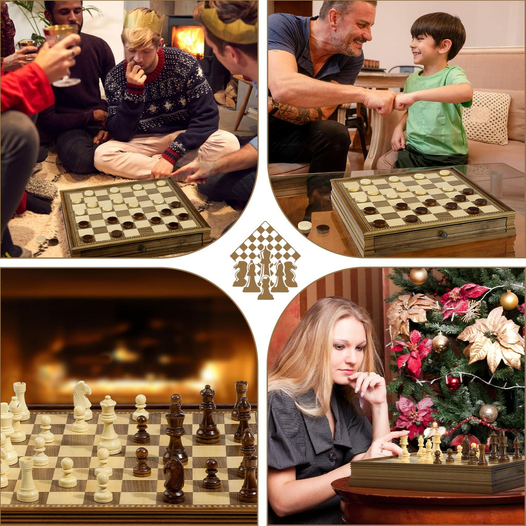 Peradix Magnetic Chess and Checkers Set with 2 Built-in Storage Drawers, Classic 2 in 1 Wooden Board Games, Magnetic Chess Pieces 2 Extra Queens, 12.8" Chess Set for Adults and Kids Gift Package