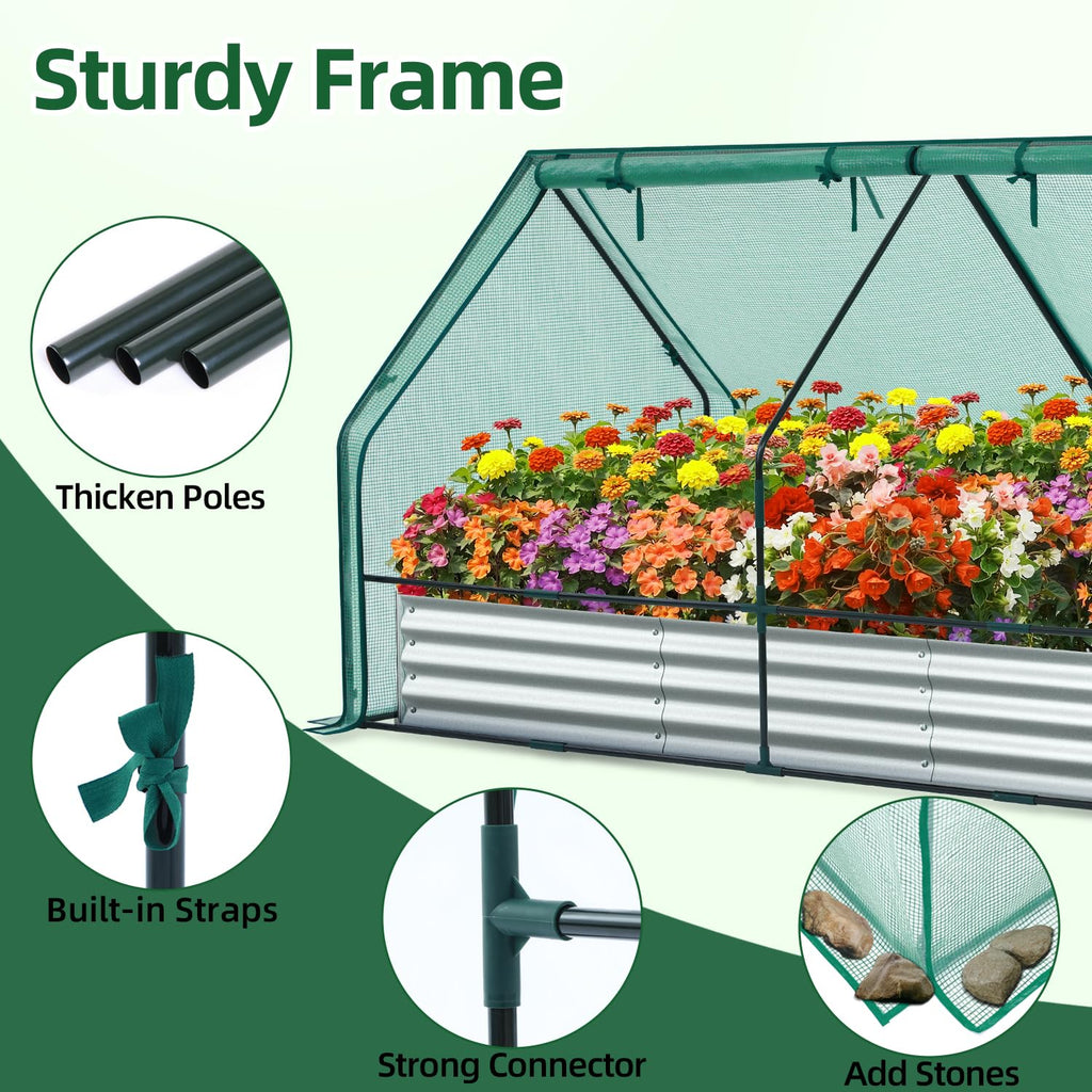 Ohuhu 8x4x1 FT Raised Garden Bed with Cover, 3-in-1 Galvanized Metal Planter Box with Greenhouse for Outdoor Plants, Dual-Side Access for Easy Plant Care, All-Season Frost & Pest Protection
