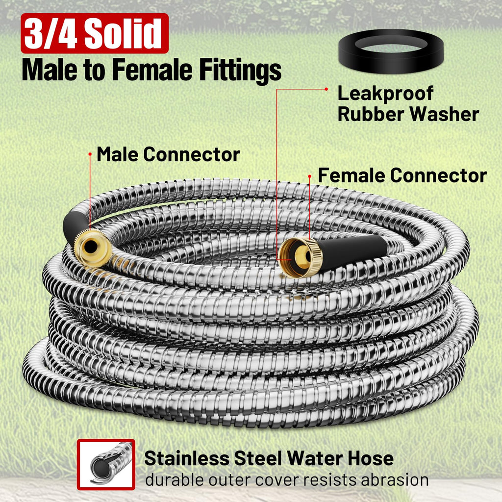 Beitopamz Garden Hose 25 ft, Stainless Steel Metal Water Hose with Nozzle, Flexible and Durable, Rust Proof, No-Kink, Heavy Duty, Leakproof 3/4'' Brass Fittings, Lightweight Hose for Patio, Lawn