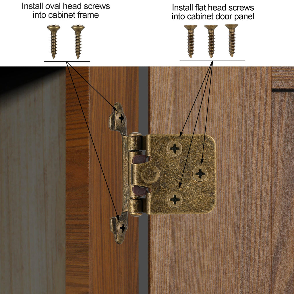 4 Pack (2 Pairs) Antique Brass Self Closing Cabinet Hinges for Kitchen Cabinet Door, 1/2" Overlay (Variable) Semi Concealed Kitchen Cabinet Hinges