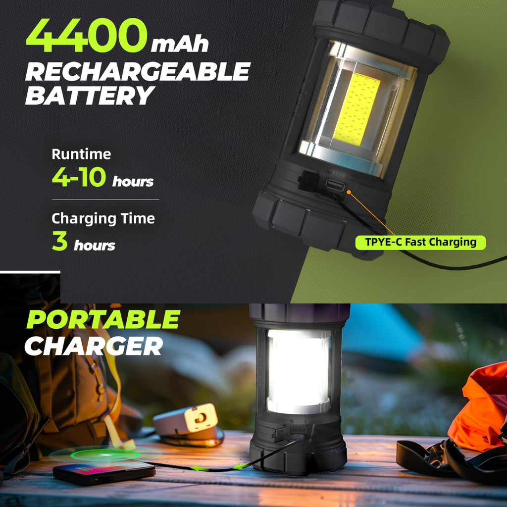 Favourlite Rechargeable Camping Lantern, 3000LM 360° LED Light for Power Outages, 4400mAh with USB-C Emergency Phone Charging, 5 Modes, Water-Resistant Tent Light with Hanging Hooks
