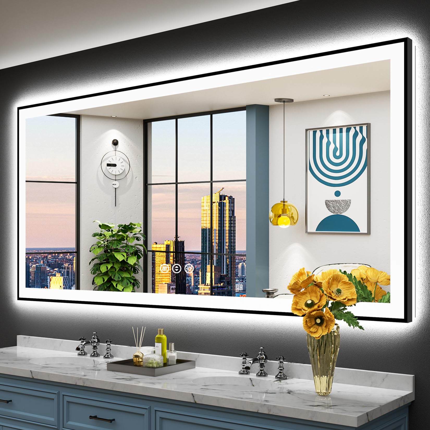24x32 Black Framed LED Bathroom Mirror with Lights, Backlit and Front Lit Anti-Fog Lighted Vanity Mirrors for Bathroom Wall, Dimmable, 3 Colors, Memory, HD Tempered Glass, Horizontal/Vertical