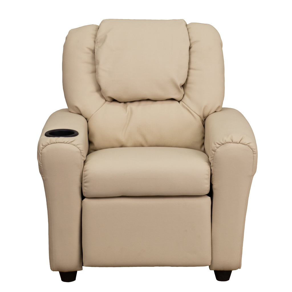 Flash Furniture Vana Vinyl Kids Recliner with Cup Holder, Headrest, and Safety Recline, Contemporary Reclining Chair for Kids, Supports up to 90 lbs., Beige