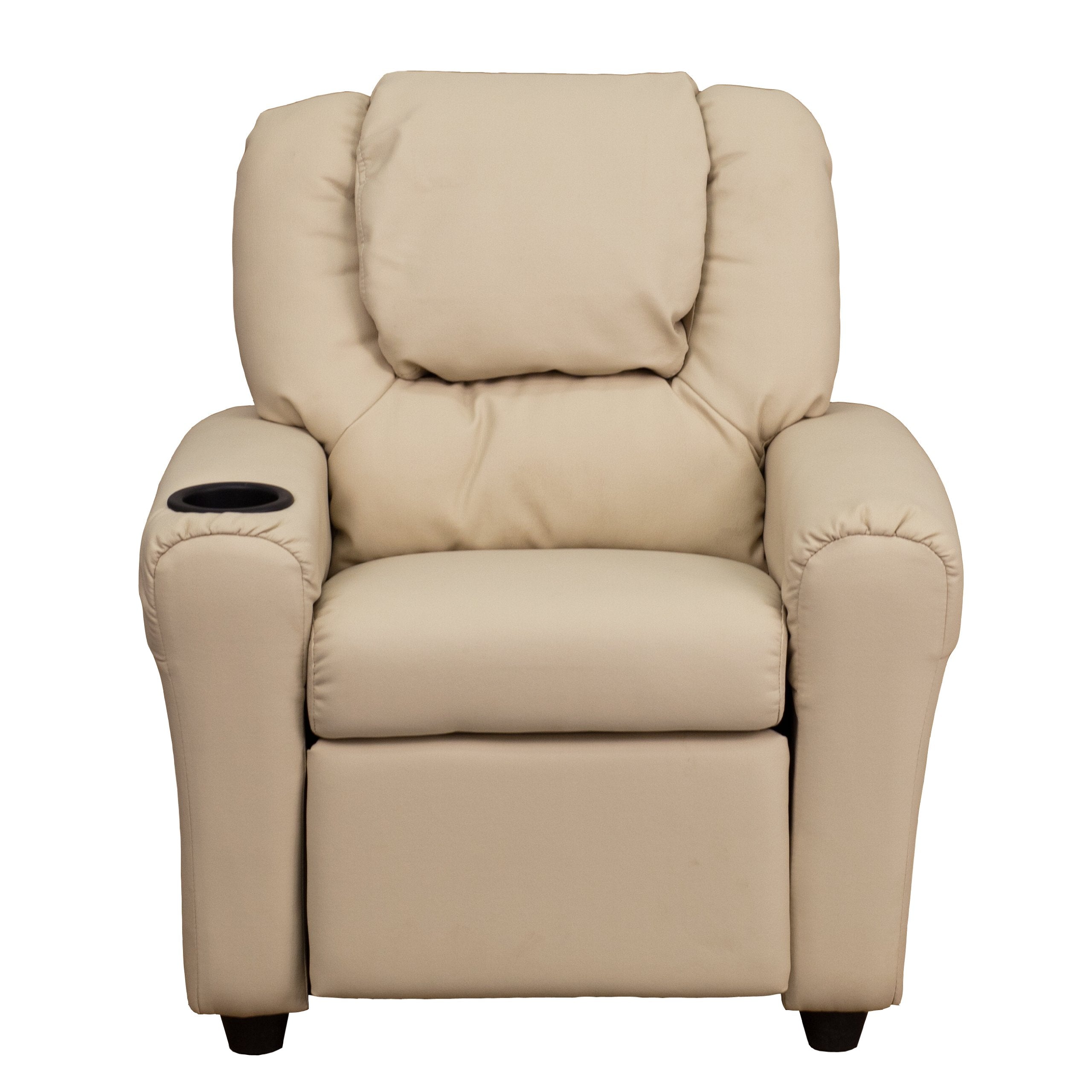 Flash Furniture Vana Vinyl Kids Recliner with Cup Holder, Headrest, and Safety Recline, Contemporary Reclining Chair for Kids, Supports up to 90 lbs., Beige