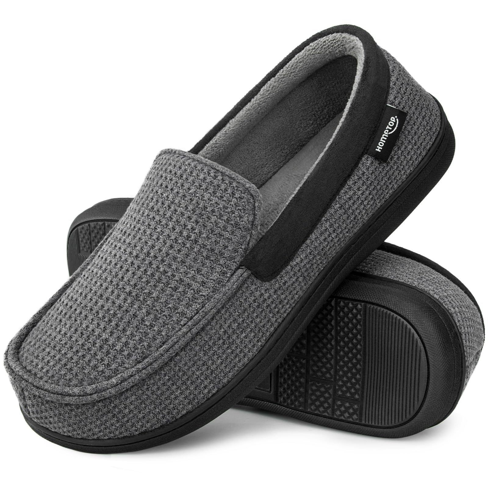 HomeTop Men's Comfort Memory Foam Moccasin Slippers, Breathable Cotton Knit Terry Cloth House Shoes for Indoor Outdoor