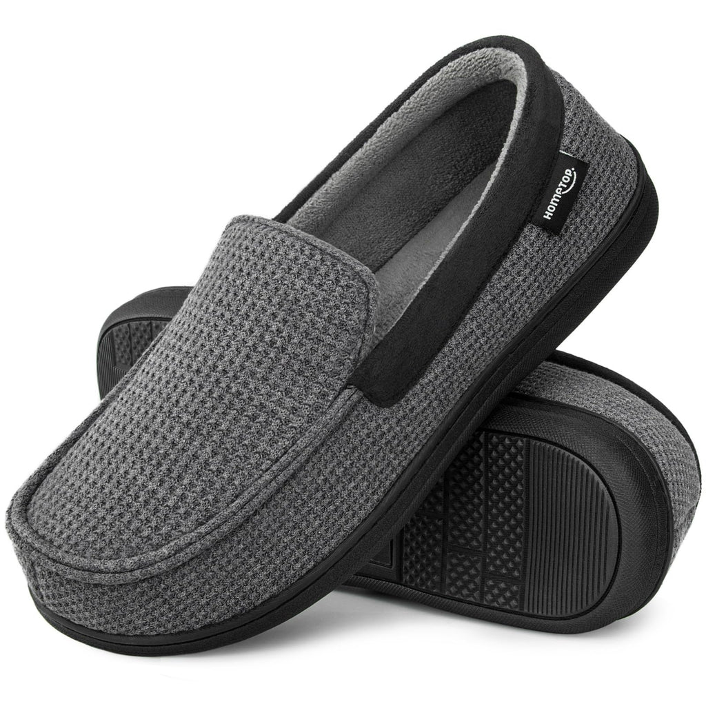 HomeTop Men's Comfort Memory Foam Moccasin Slippers, Breathable Cotton Knit Terry Cloth House Shoes for Indoor Outdoor