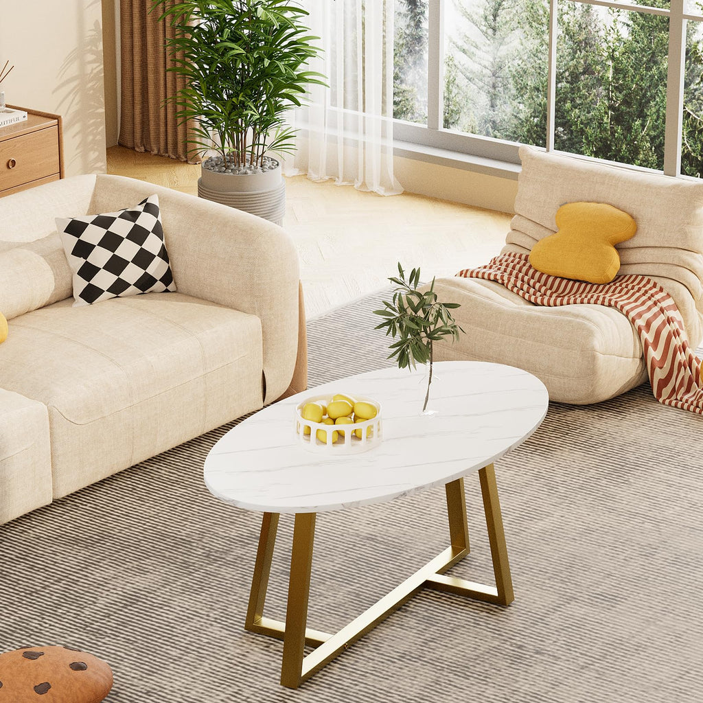 Wolawu Coffee Table Gold Oval Glass Coffee Tables for Living Room,Modern Gold Metal Frame Tea Tables for Small Space, Tempered Glass Top Center Table with Stable Cross Base for Bedroom, Office,Balcony