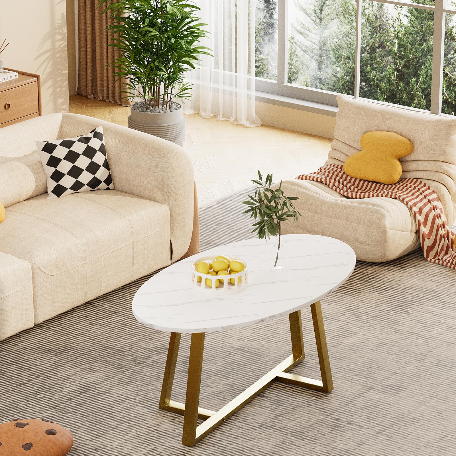 Wolawu Coffee Table Gold Oval Glass Coffee Tables for Living Room,Modern Gold Metal Frame Tea Tables for Small Space, Tempered Glass Top Center Table with Stable Cross Base for Bedroom, Office,Balcony