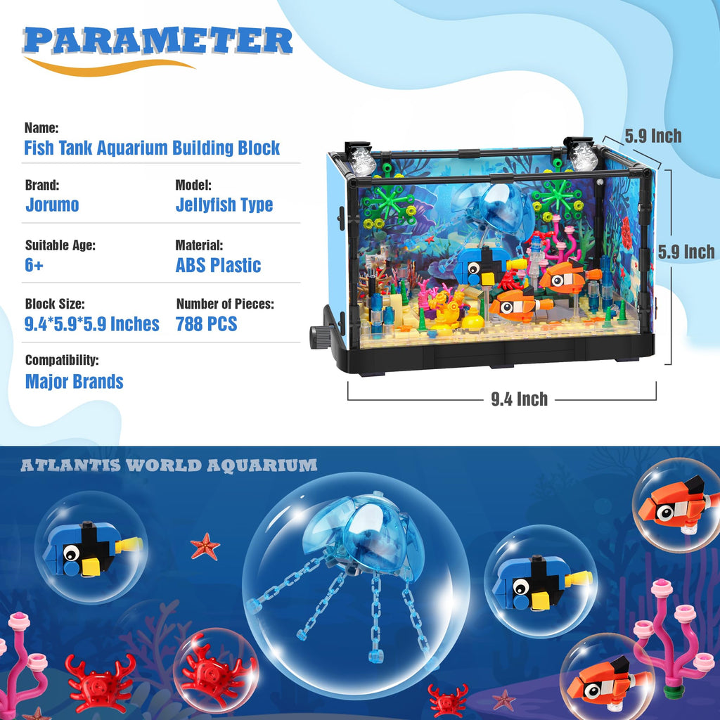 Jorumo Fish Tank Building Block, Lighting Aquarium Building Sets for Adults and Kids Including Ocean Jellyfish, Dolphin, Turtle, Crab, Animal Building Toys for Boys Age 12+, 725pcs