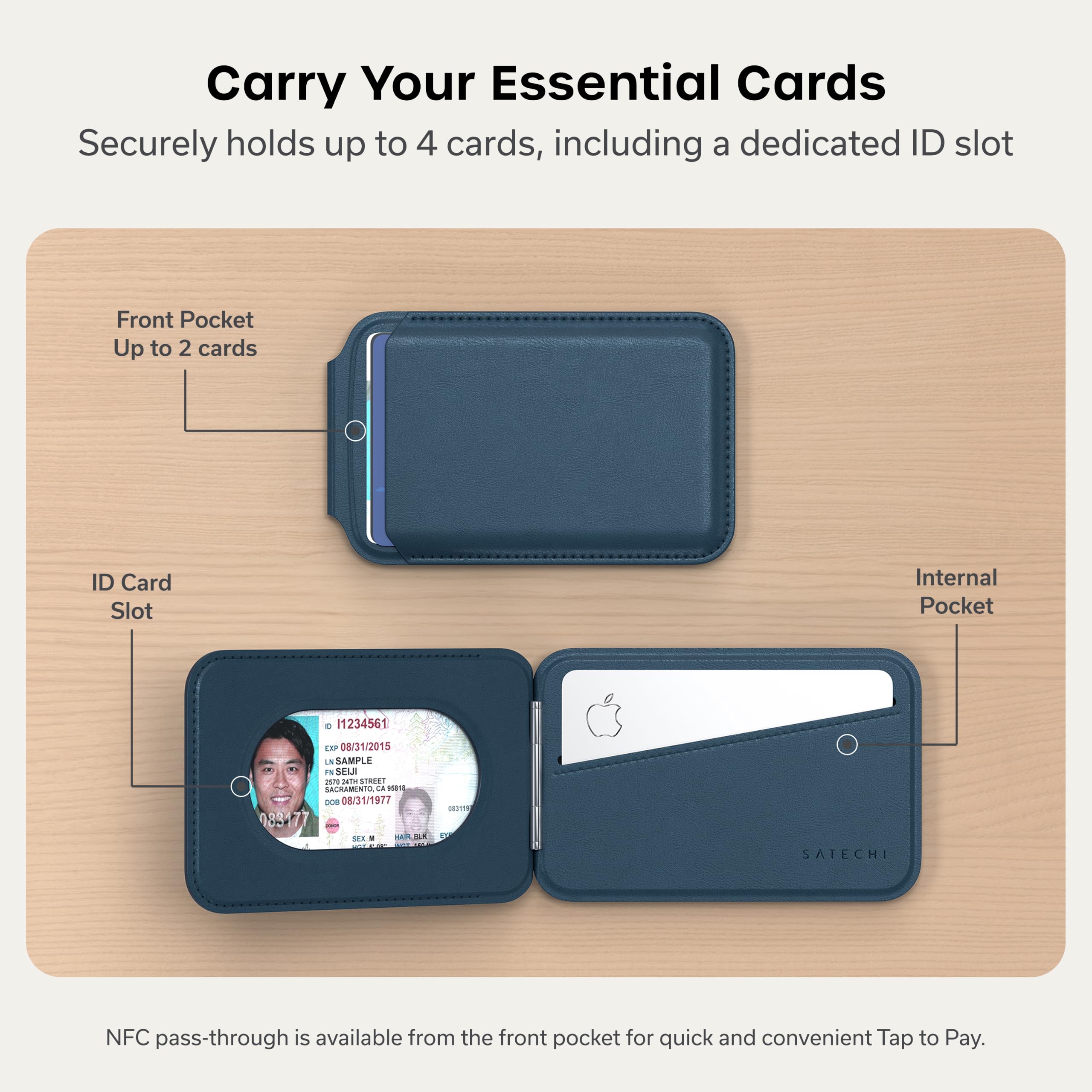 Satechi Magnetic Magsafe Wallet, Double Flap Stand Card Holder, 4 Slots with Front NFC Pass-Through, Adjustable Phone Attachment for iPhone 17/16/15/14/13/12, Travel Accessory