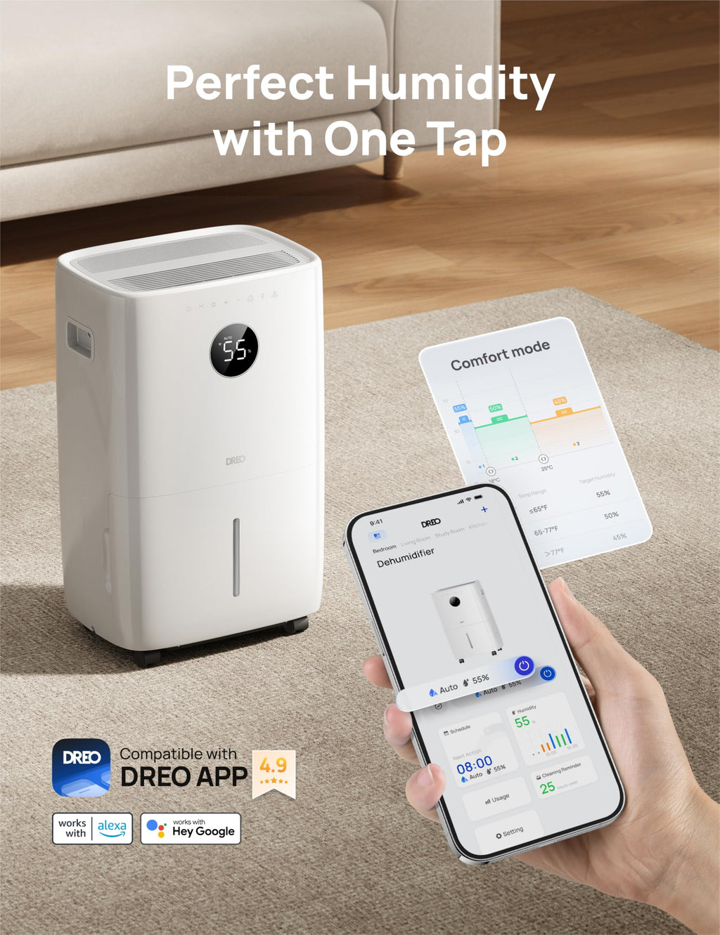 DREO 110-Pint Smart Dehumidifier for Basement, 4500 Ft² for Large Room, 2 Gallon Water Tank, Auto/Comfort/Constant Mode Dehumidifiers for Home, Bedroom, Bathroom, with Drain Hose, Black, 711S
