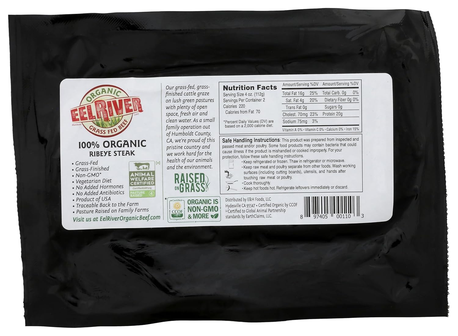 Eel River, Organic Grass-Fed Boneless Ribeye Steak, 8 oz