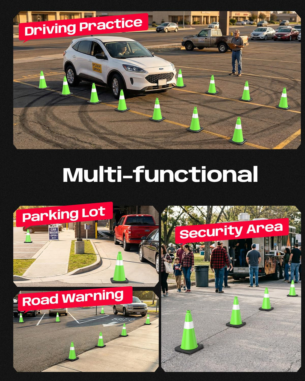 (4 Pack) BATTIFE Traffic Cones 18 Inch with Black Weighted Base, PVC Green Cone for Traffic Control,Construction Events, Driveway Road Parking Lot