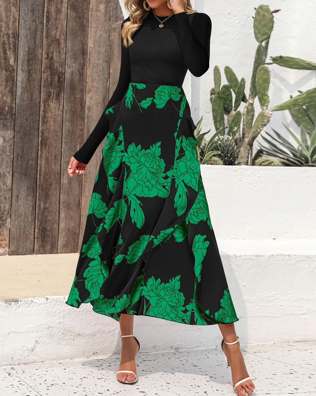 BTFBM Womens Floral Maxi Dress Fall 2025 Casual Crewneck Long Sleeve Ruffle Flowy Cocktail Wedding Guest Dresses