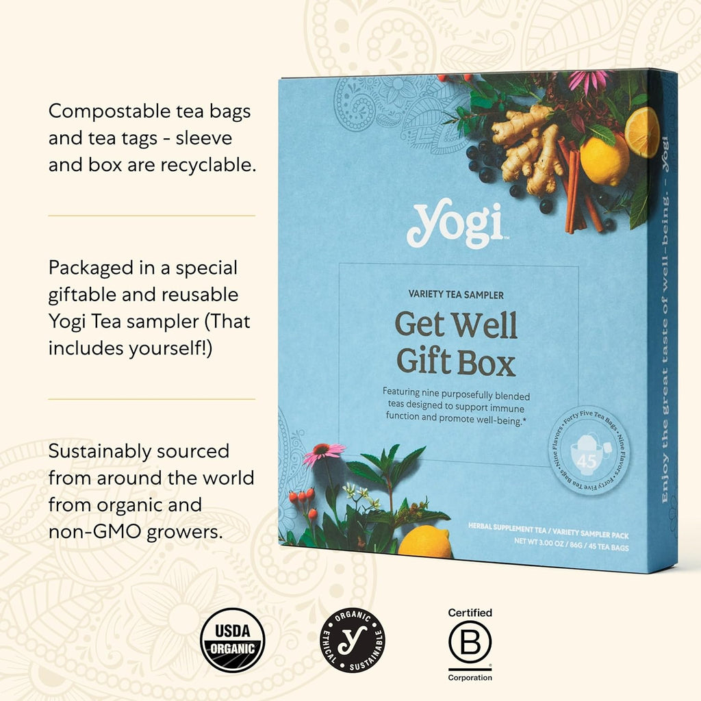 Yogi Organic Sampler Gift Box-5 Tea Bags per Flavor (45 Tea Bags)-Delicious Wellness Immunity Teas-9 Herbal Teas-Caffeine-Free Tea Variety Pack-Tea Gift Set