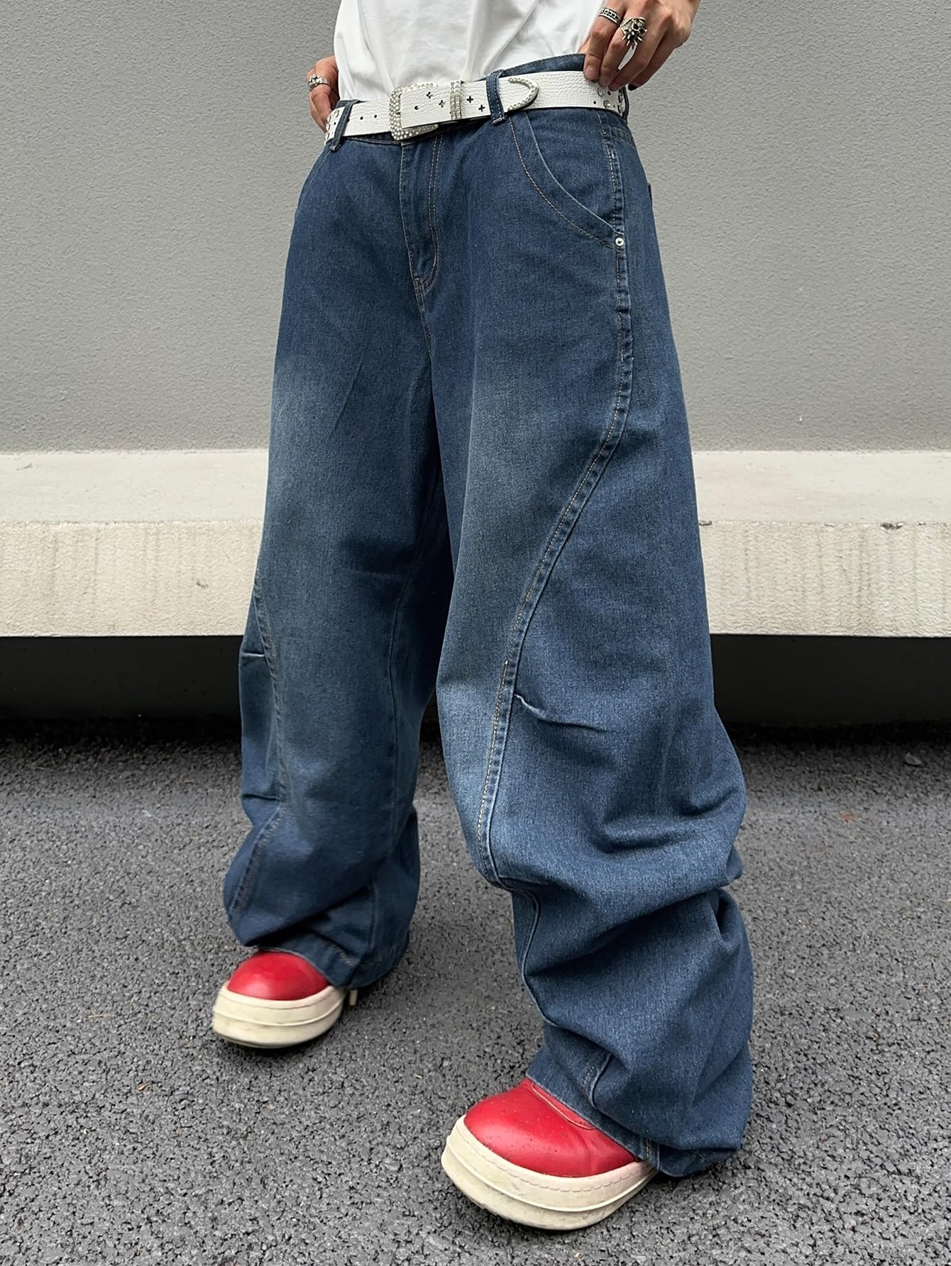 DFGIGT Men's Irregular Sutures Y2k Hip Hop Baggy Jeans Wide Leg Denim Pants Casual Loose Fit Trousers Streetwear