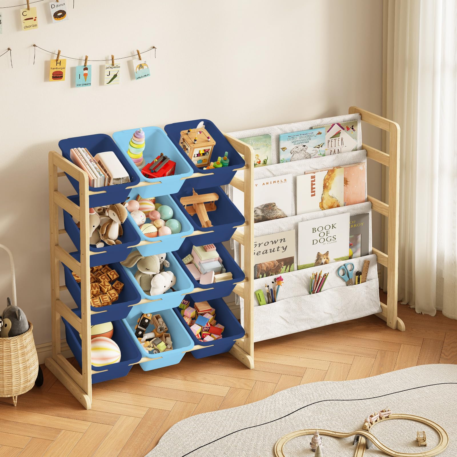 EXPERLAM Toy Storage Organizer with Bookshelf - 12 Storage Bins 4-Tier Multipurpose Shelf to Organize Toys and Books for Kids Room, Playroom, Nursery Room, Blue