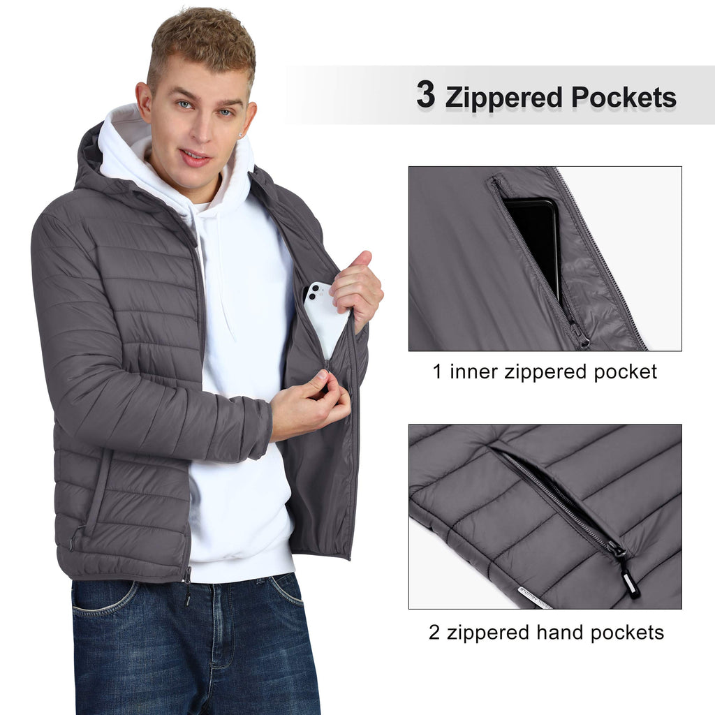 Outdoor Ventures Men's Lightweight Packable Hooded Puffer Jacket Insulated Winter Coat for Snow Ski Traveling