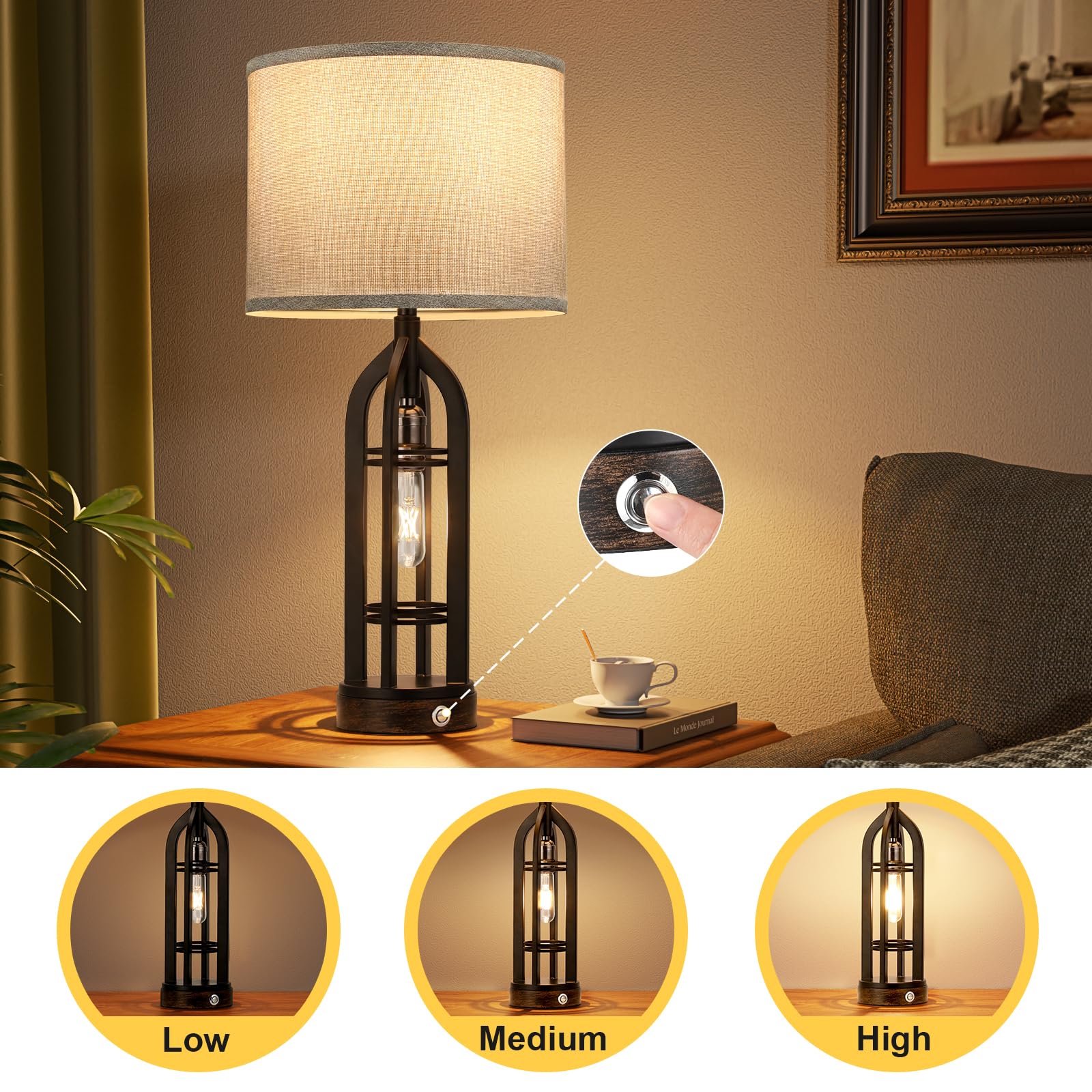 Seealle Table Lamp for Living Room Set of 2 - Wood-Like Bedside Lamp for Bedroom with USB C+A & Outlet, Farmhouse Lamps for Night Stands, 3-Way Dimmable Touch Lamps for Living Room