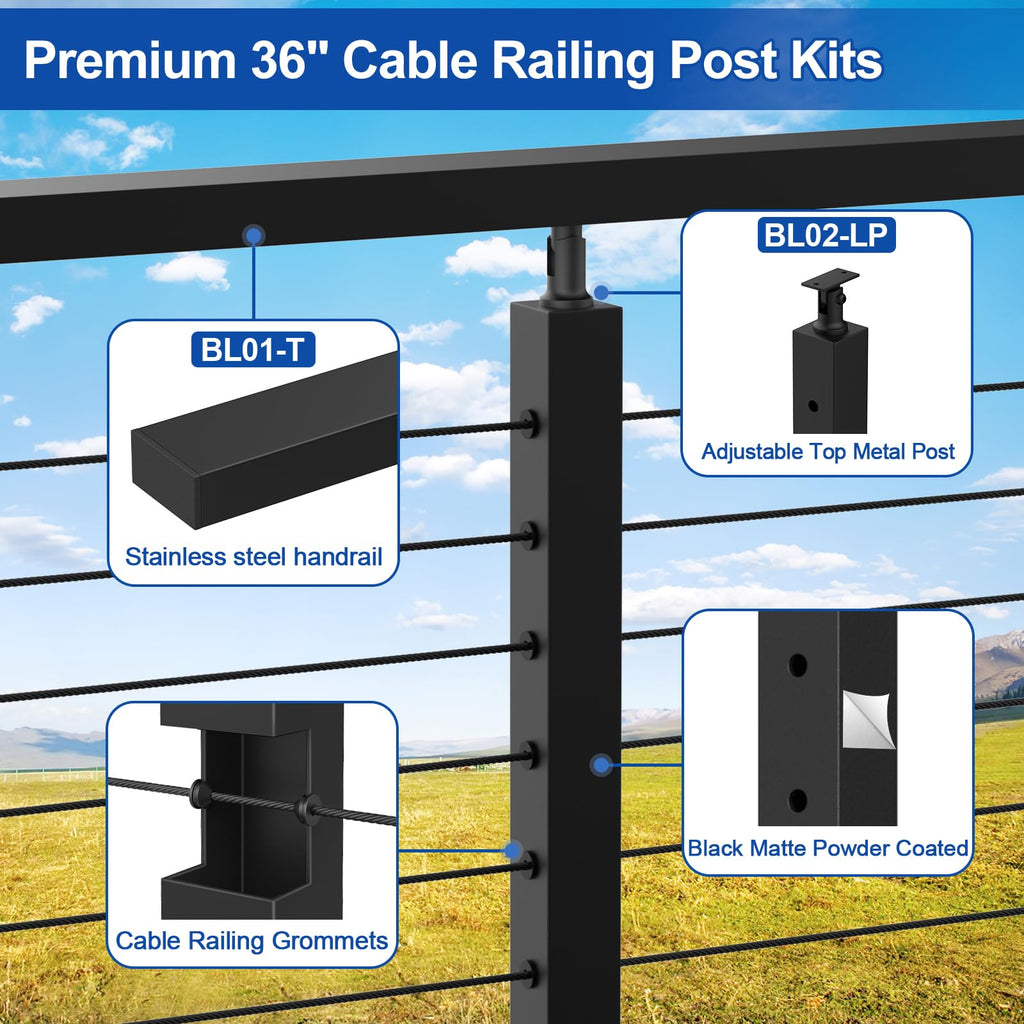 BLIKA 36" Cable Railing Corner Post, 304 Stainless Steel, 2-Side Drilled Adjustable Top Corner Post, Surface Mount Matte Black Cable Railing System Corner Post