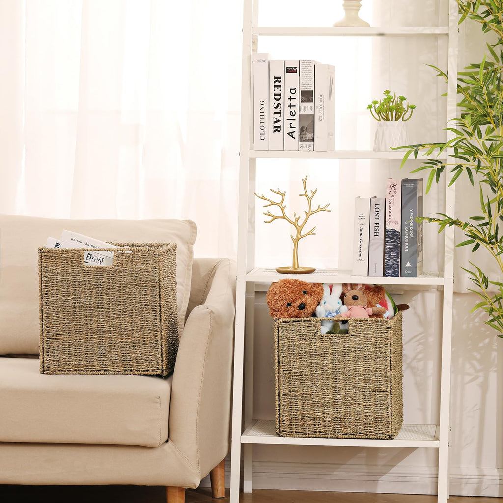 Vagusicc Wicker Storage Basket, Set of 2 Seagrass Storage Baskets, Foldable Wicker Basket 9 Inch Square Cube Storage Bins Storage Baskets for Organizing Shelf Baskets, 9''x9''x9''