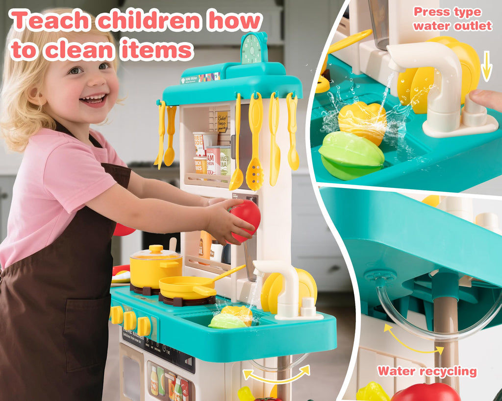 Kids Kitchen Play Set，Interactive Kids Kitchen Play Set with 50Pcs of Pretend Kitchen Toys，Realistic Sound Effects，and Simulated Functionality - Suitable for Toddlers Aged 3-5 Years (Green)