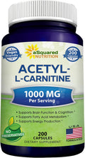 aSquared Nutrition Acetyl L-Carnitine 1000mg Per Serving Max Strength - 200 Veggie Capsules - High Dosage Acetyl L Carnitine HCL (ALCAR) Supplement Pills to Support Pure Energy, Brain Function