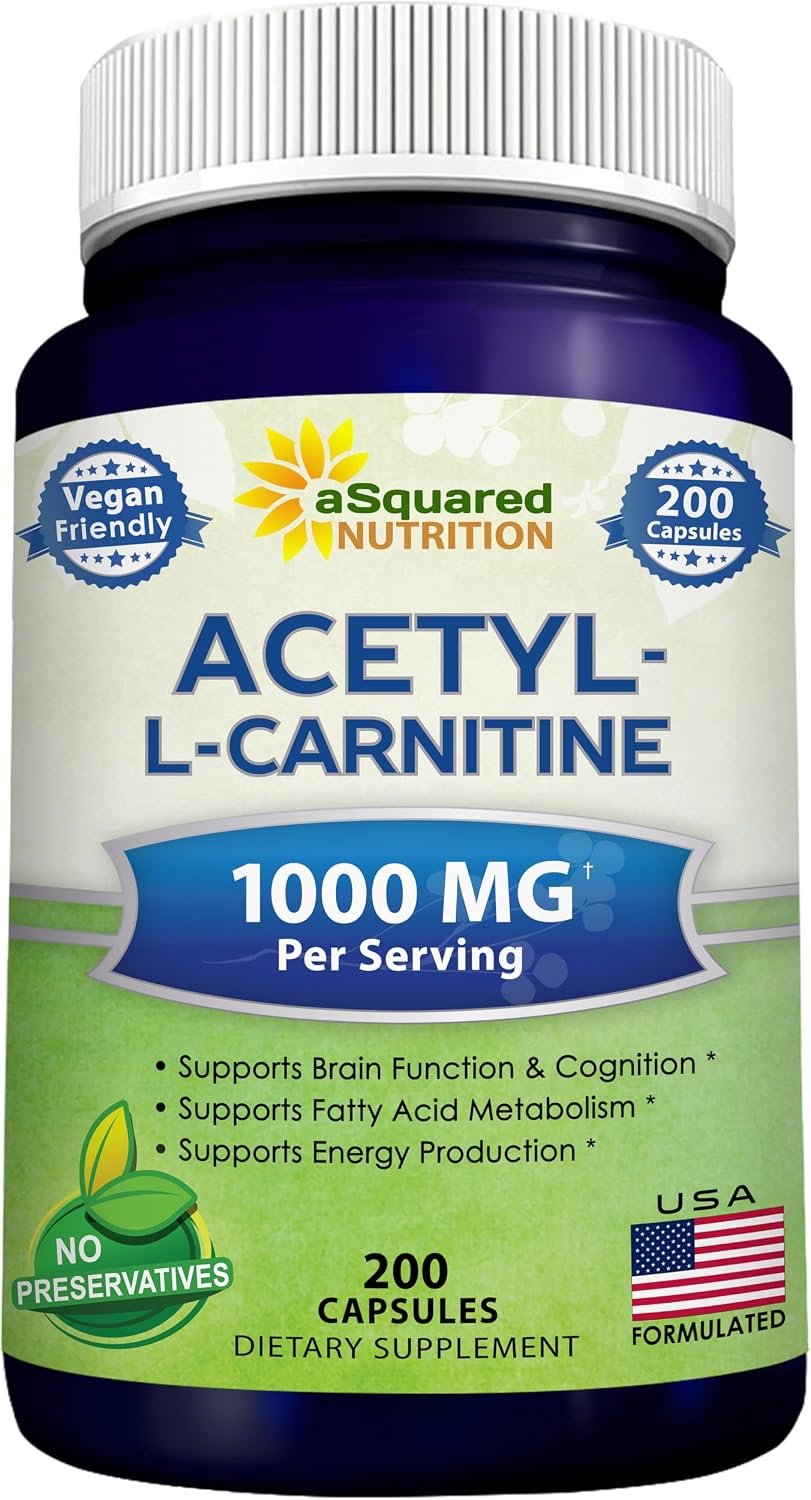 aSquared Nutrition Acetyl L-Carnitine 1000mg Per Serving Max Strength - 200 Veggie Capsules - High Dosage Acetyl L Carnitine HCL (ALCAR) Supplement Pills to Support Pure Energy, Brain Function